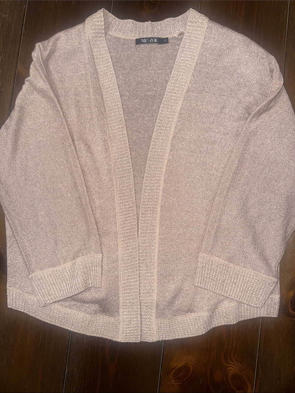 NIC+ZOE Open-Front Cardigan in Light Tan and Rose Gold shimmer.